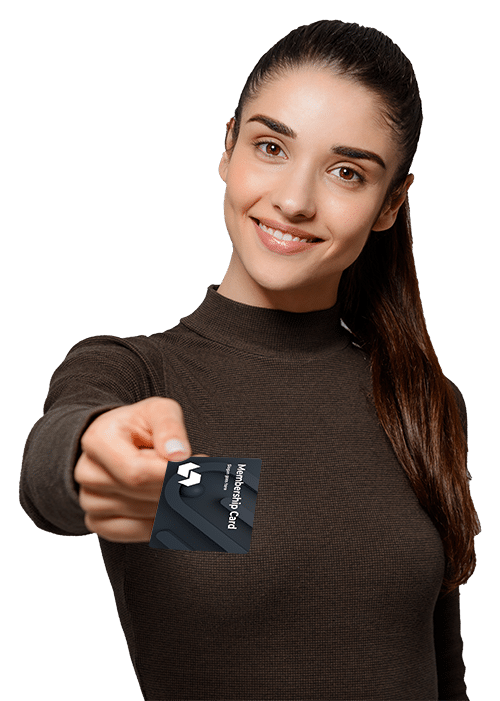 smiling woman give her business card 1 sml